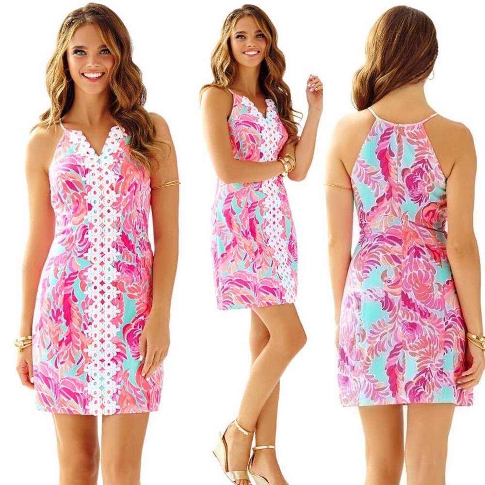 Lilly Pulitzer Pearl Poolside Blue Love Birds Lace Detail Shift Dress $198 SZ 2